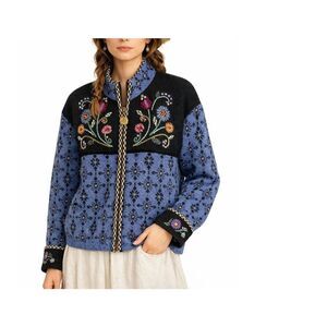 Icelandic Design Embroidered Wool Jacket Nordic Folk Zip Front Size L